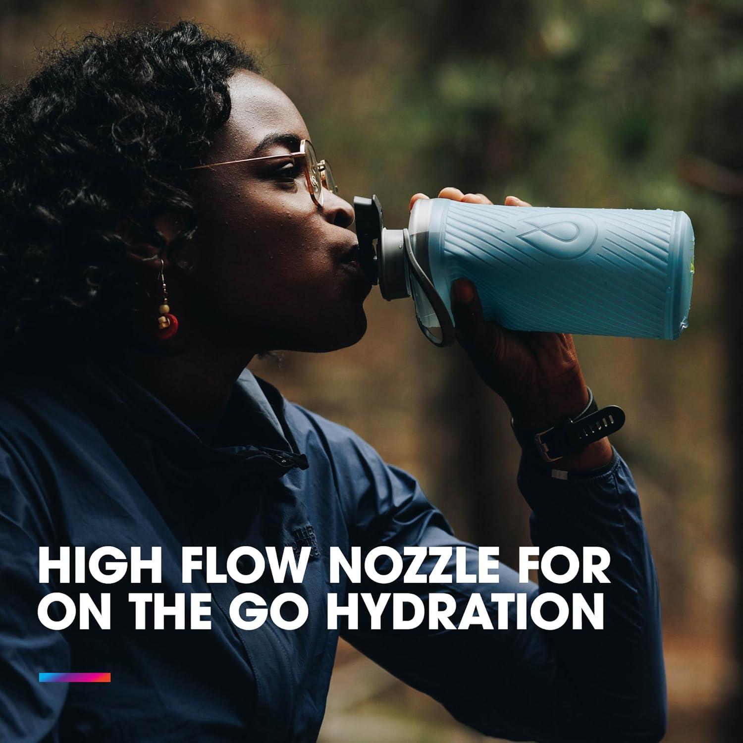 imageHydraPak Flux Collapsible Backpacking Water Bottle 750ml 1L 15L BPA Free Ultra Light SpillProof Twist CapTahoe Blue